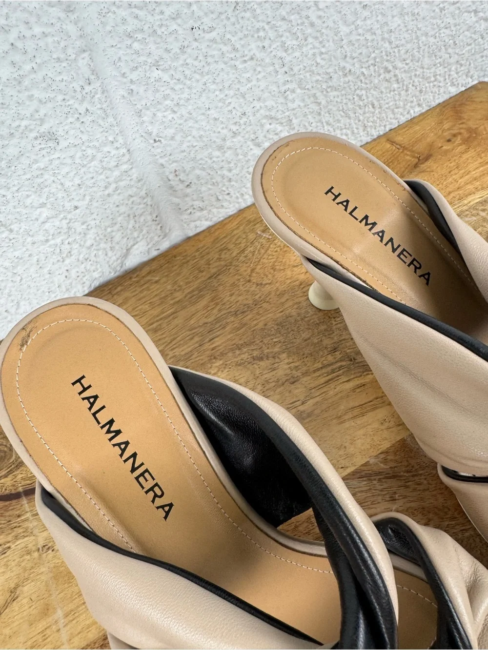 Halmanera Italy Leather Twist Knot Heeled Sandals Beige Black Size 37